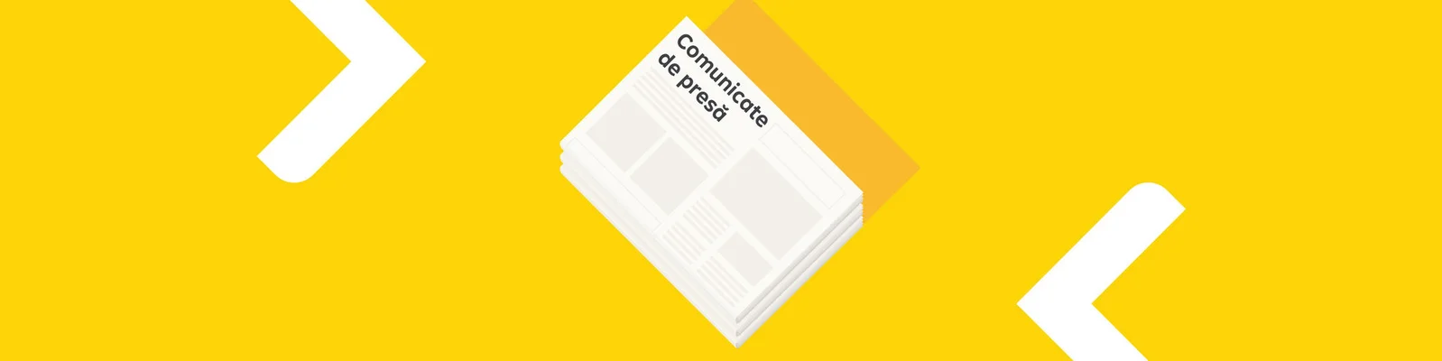 Imaginea prezintă un teanc de ziare așezate pe un fundal galben. Pe ziarul aflat deasupra este scris textul „Comunicate de presă”, iar din ambele părți ale imaginii porneste câte o săgeată albă, îndreptată spre centrul imaginii.